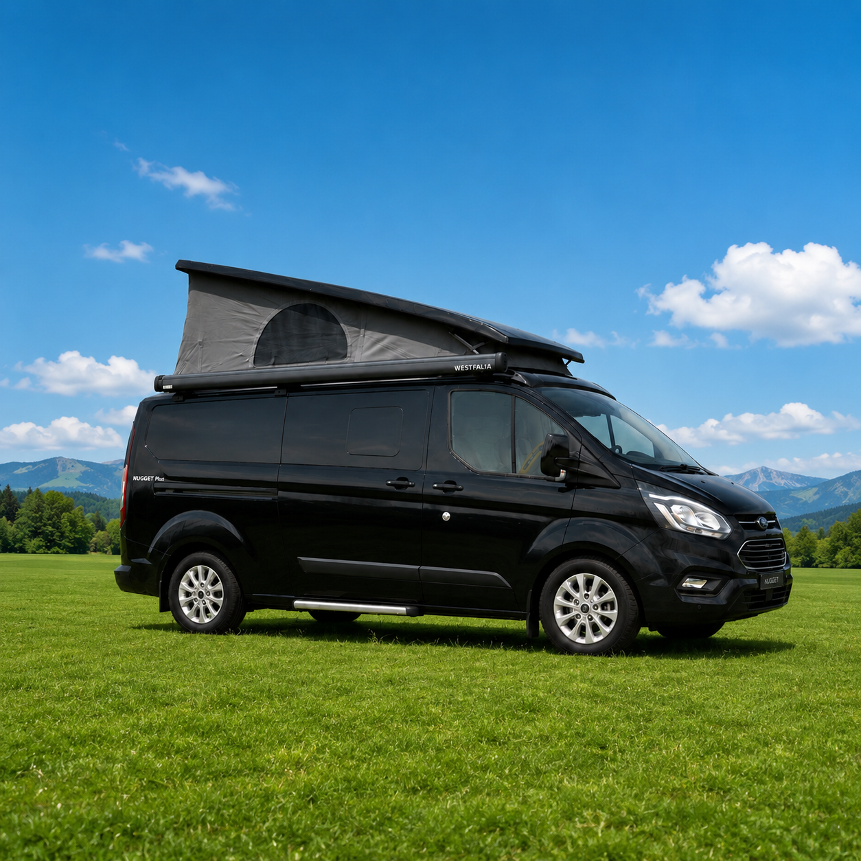 Daffy, the Ford Nugget Plus campervan with the pop-top raised