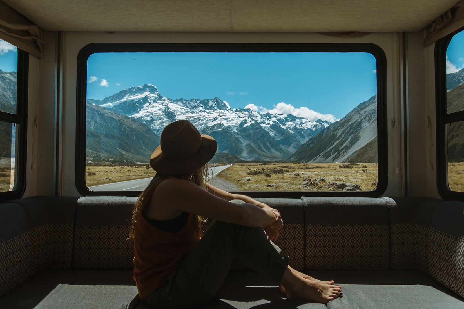 Looking out at the mountains from inside the van