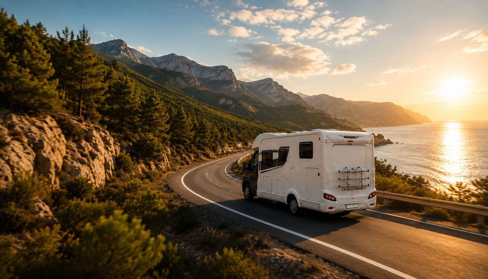 Motorhome on a coastal mountain road at sunset
